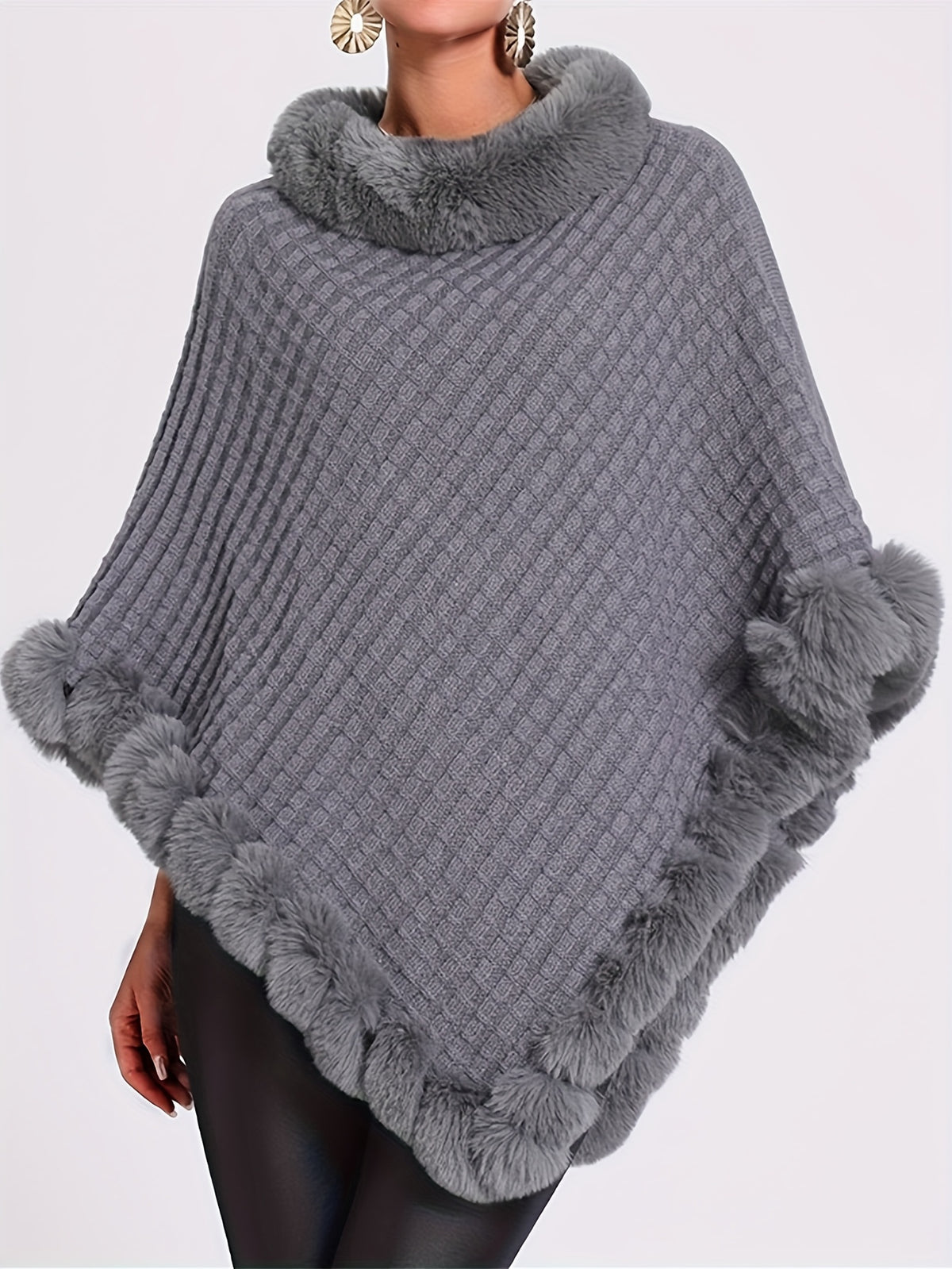 Women'S Elegant Faux Fur Collar Cape Coat - Soft Winter Coat with Plush Fur Trim, All-Season Chic Outerwear for Everyday & Formal Events