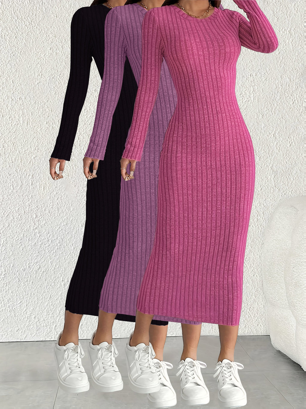 3pcs Solid Color Long Sleeve Ribbed Pullover Dress for Women