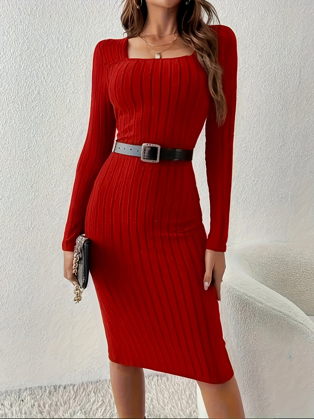 Ribbed Slim-fit Long Dress, Ribbed Long-sleeve Long Dress