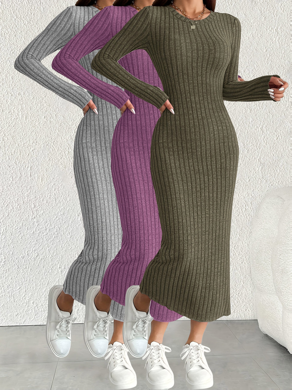 3pcs Solid Color Long Sleeve Ribbed Pullover Dress for Women
