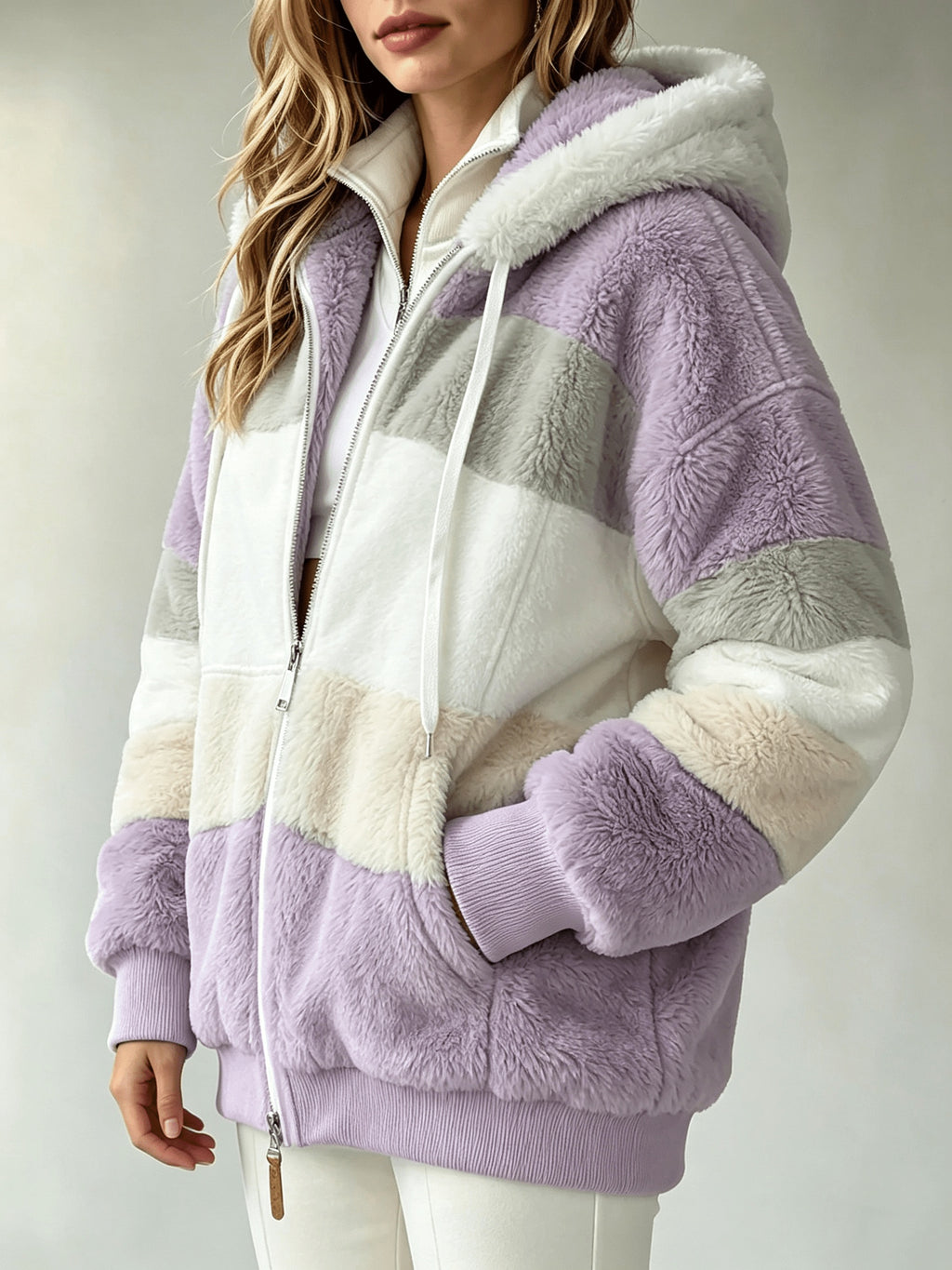 Women's Coats, Women's Color-block Striped Hooded Zip Teddy Coat, Loose Outerwear Made Of Fluffy Faux with Multi-tone Splicing, Drawstring Hood with Pockets, Warm Plush Coat for Winter