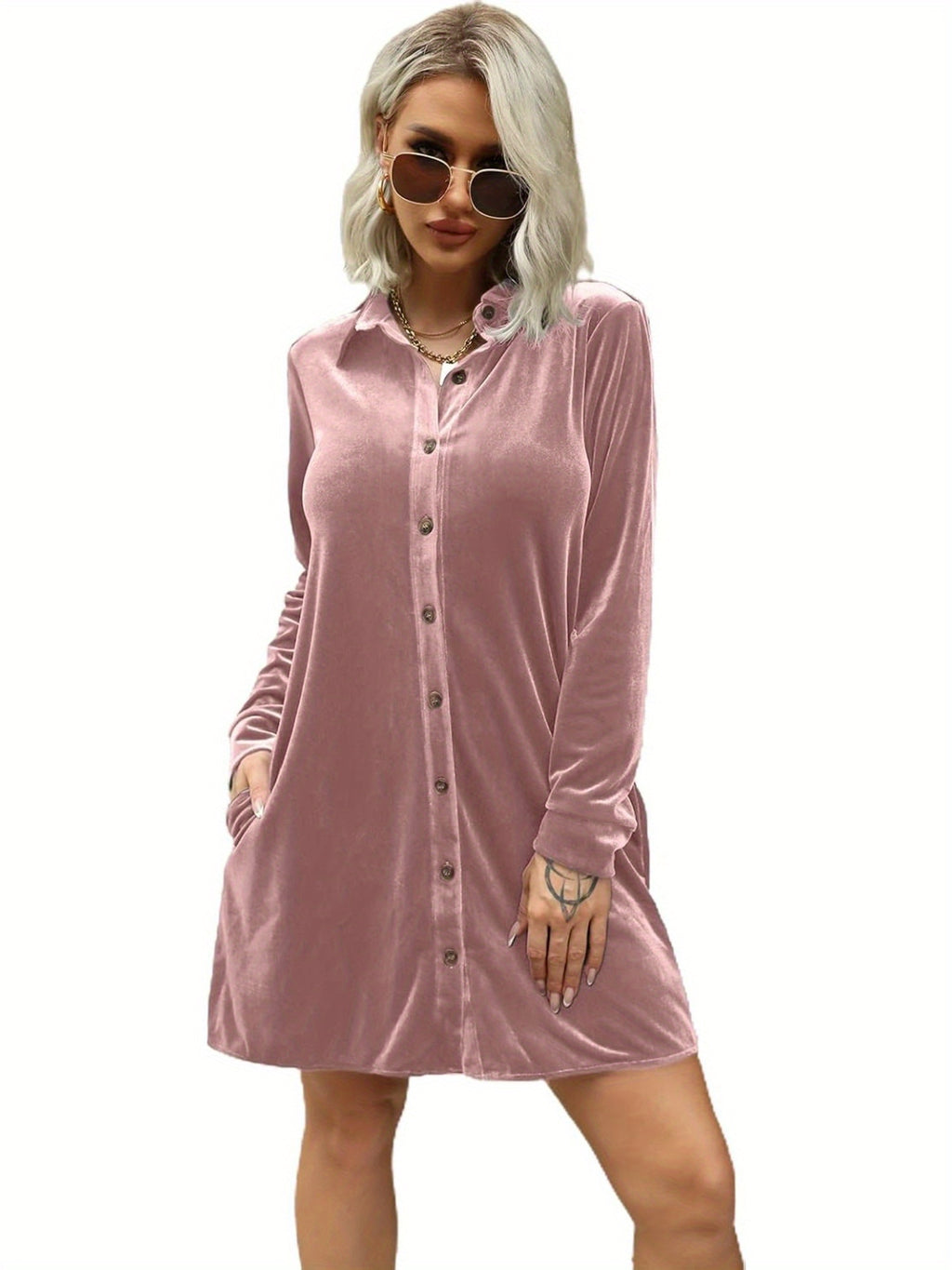 Women's Elegant Lapel Collar Button- Dress - Mini Length Long Sleeve Solid Color Tunic Top Dress Suitable for Parties, Office & Semi-Formal Events