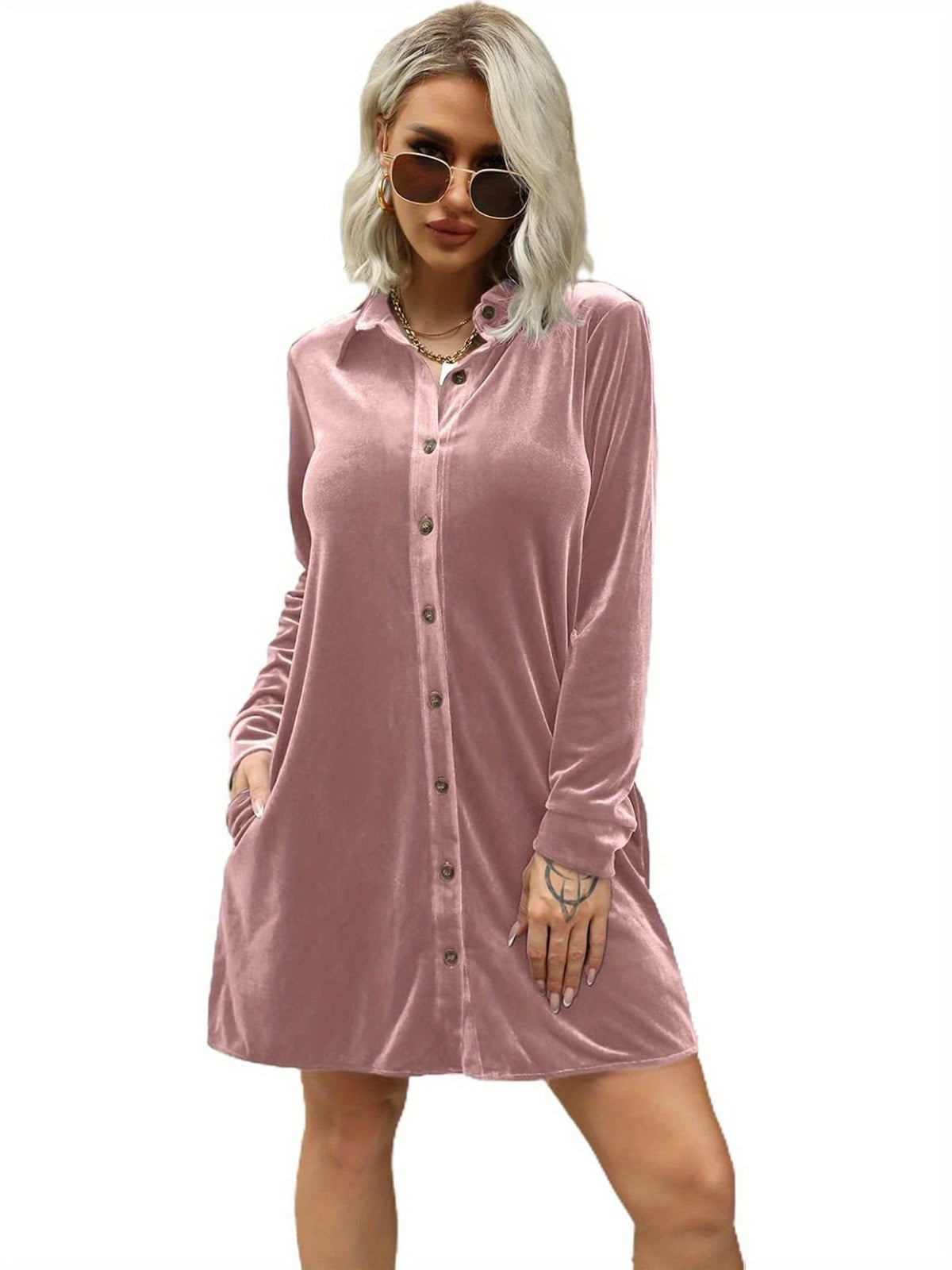 Women's Elegant Lapel Collar Button- Dress - Mini Length Long Sleeve Solid Color Tunic Top Dress Suitable for Parties, Office & Semi-Formal Events