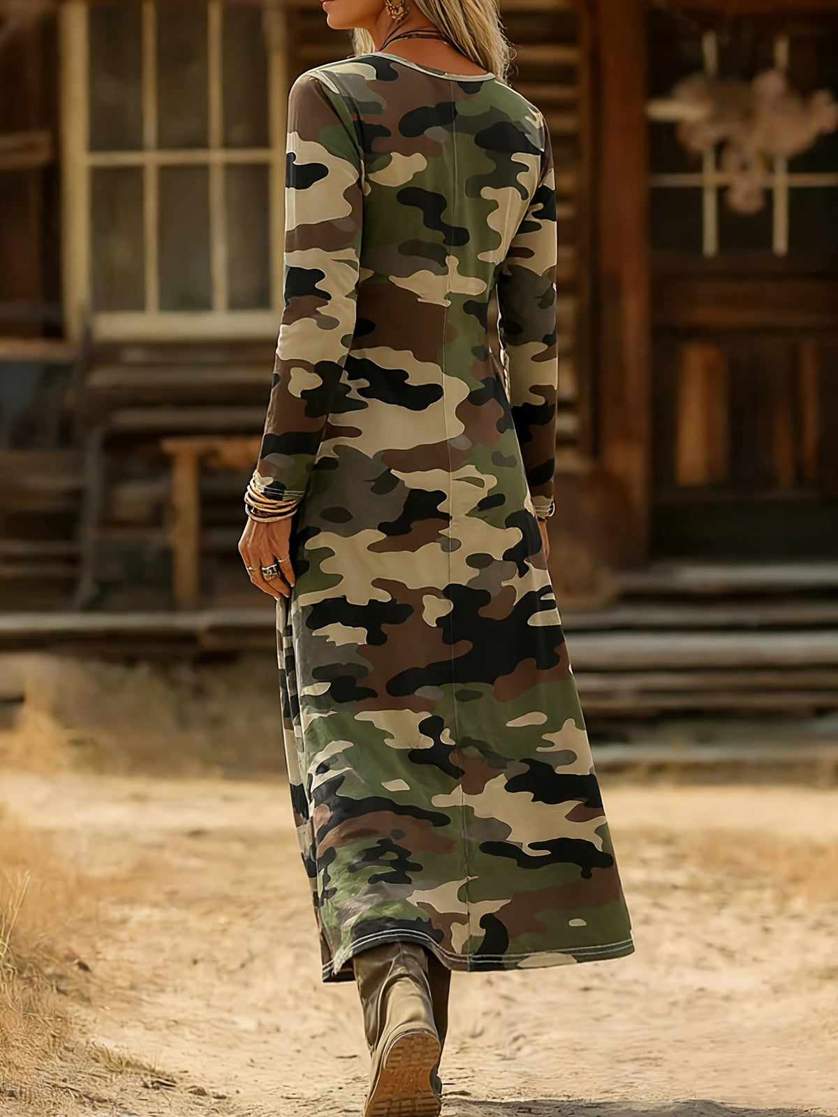 Western Style Camouflage V-Neck Long-Sleeved Long Dress Retro Slim Fit Dress Summer New Commuter Dating Vacation Dress American Spicy Style Drape Long Dress