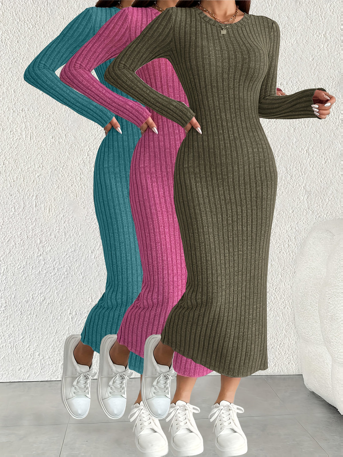 3pcs Solid Color Long Sleeve Ribbed Pullover Dress for Women