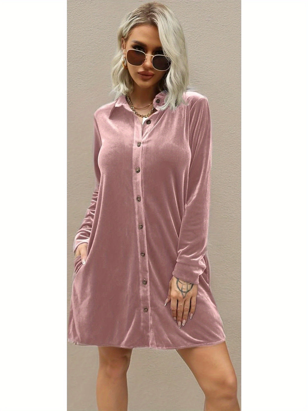 Women's Elegant Lapel Collar Button- Dress - Mini Length Long Sleeve Solid Color Tunic Top Dress Suitable for Parties, Office & Semi-Formal Events