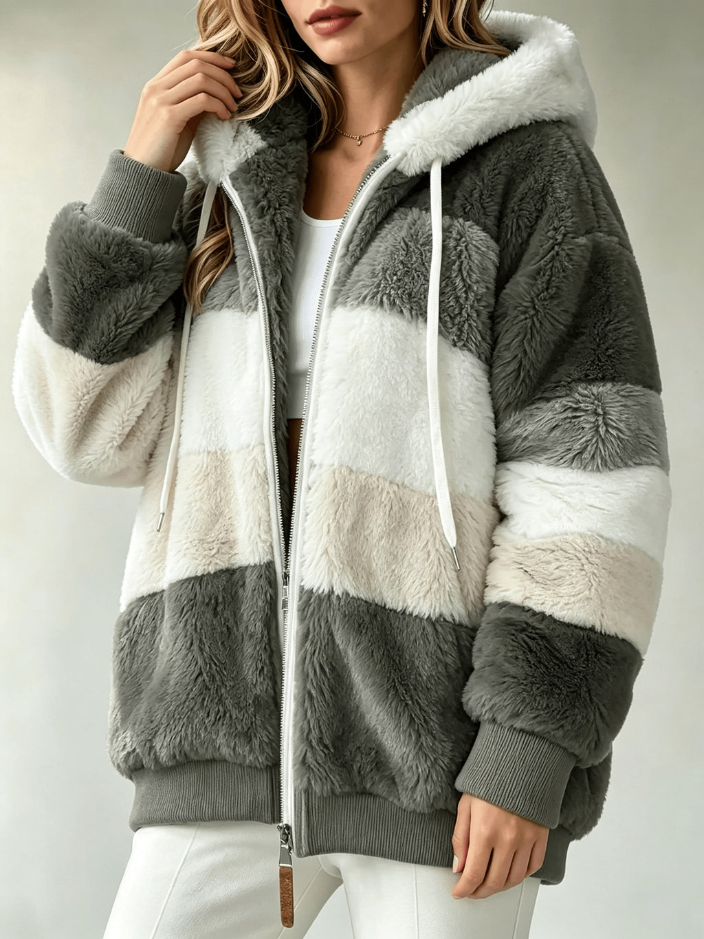 Women's Coats, Women's Color-block Striped Hooded Zip Teddy Coat, Loose Outerwear Made Of Fluffy Faux with Multi-tone Splicing, Drawstring Hood with Pockets, Warm Plush Coat for Winter