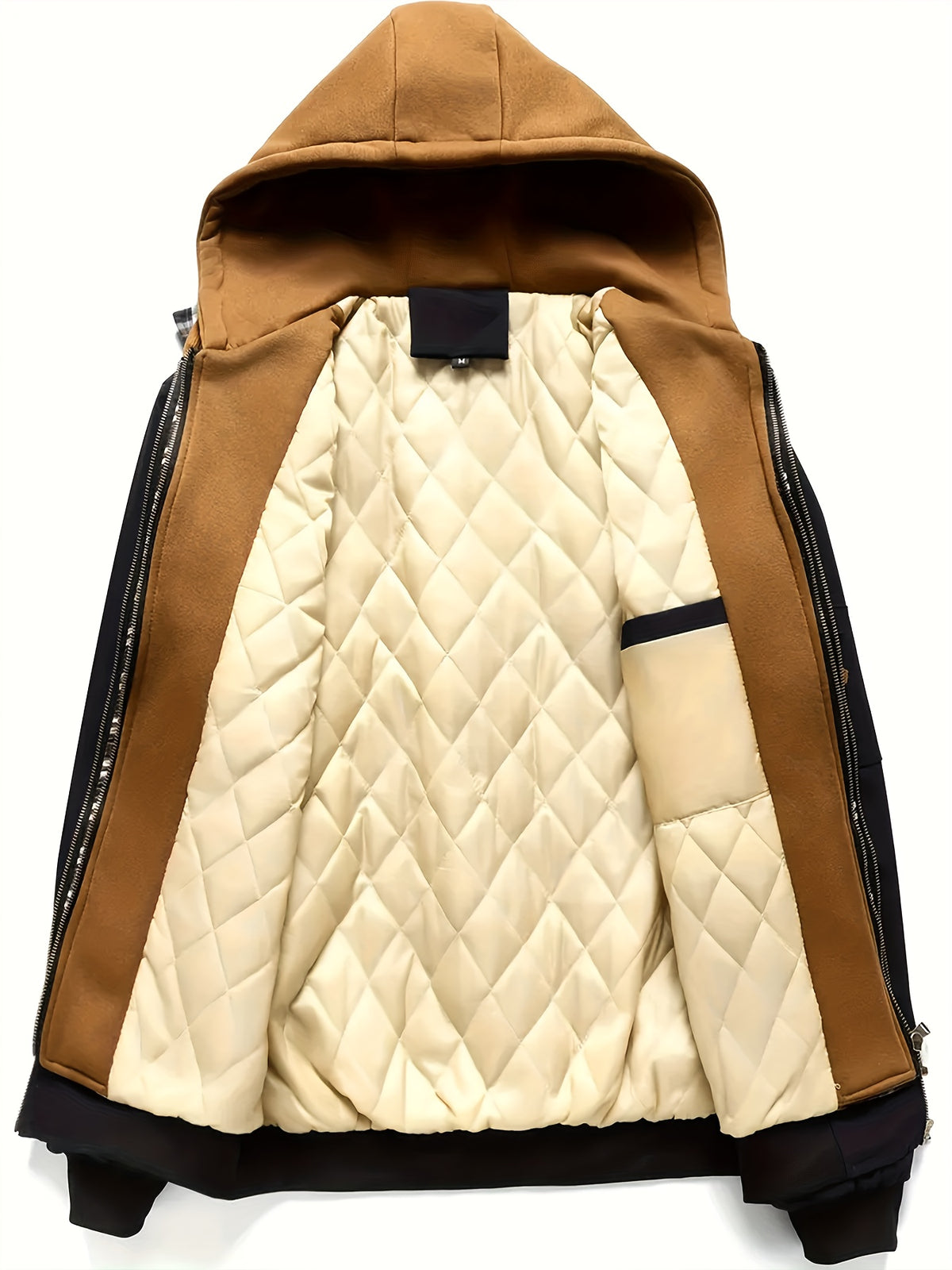 Men's plaid hooded zipper jacket - casual loose fit, brown and black plaid pattern, drawstring hat, long sleeves, polyester lining, perfect for spring, autumn and winter | autumn and winter jacket | plaid pattern jacket | zipper jacket, Outdoor