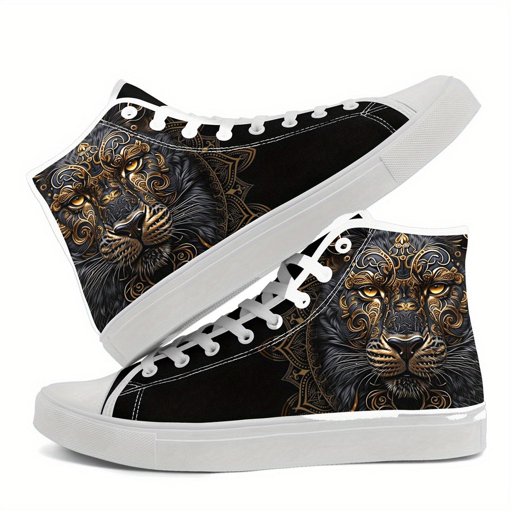 Men'S High Top Sneakers with Golden Lion Mandala Design, Street Style Shoes for Casual Wear, Walking And Urban Fashion, Comfortable Stylish Durable Couple Shoes, Perfect Gift for Fashion Lovers