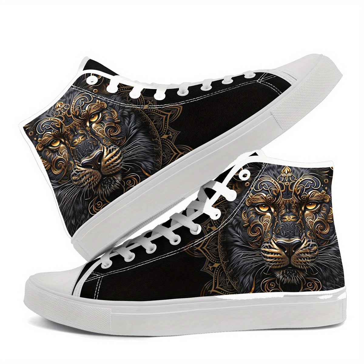 Men'S High Top Sneakers with Golden Lion Mandala Design, Street Style Shoes for Casual Wear, Walking And Urban Fashion, Comfortable Stylish Durable Couple Shoes, Perfect Gift for Fashion Lovers