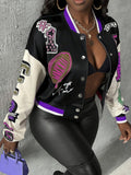 [Elegant Baseball Jacket] ZD0815155 Women's Elegant Spring/Autumn Contrast Color Placement Print Baseball Jacket Casual Lightweight Jacket Outerwear