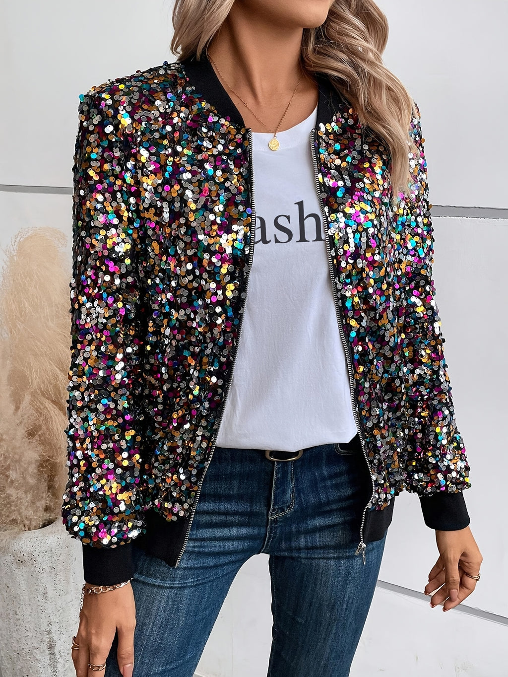Elegant Sequin-Adorned Jacket for Women - Chic Zip-Up Bomber Style with Baseball Collar, Long Sleeves, and Colorful Dot Pattern - Perfect for Spring/Fall, Non-Stretch Polyester Fabric