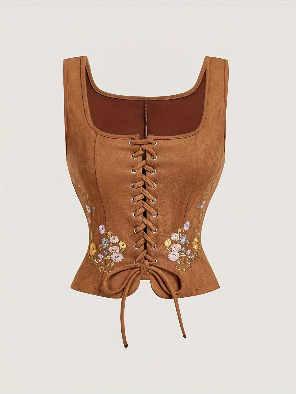 Women's Brown Embroidered Lace-up Solid Color Vest, Bohemian Style Top, Music Festival Outfit