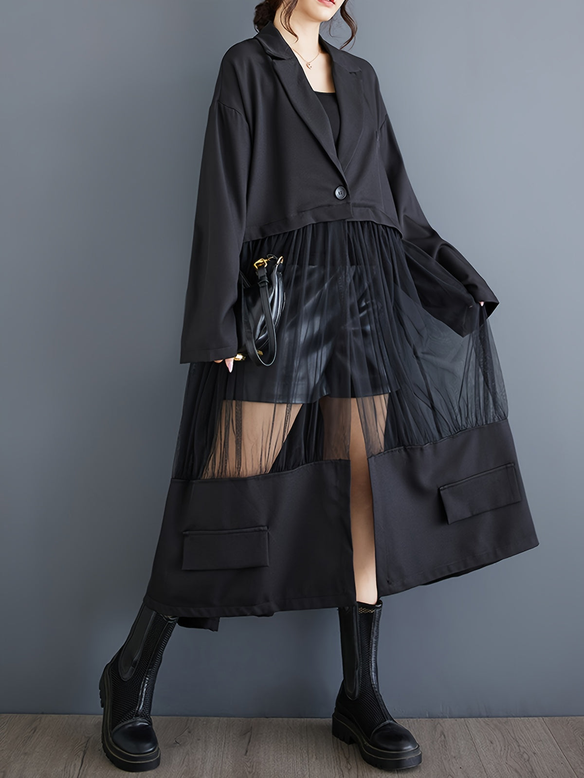 Medium-Long Stylish Spliced Suit Mesh Hollow Long-Sleeved Slim-Fit Jacket Retro Solid Color Outerwear Spliced Trench Coat