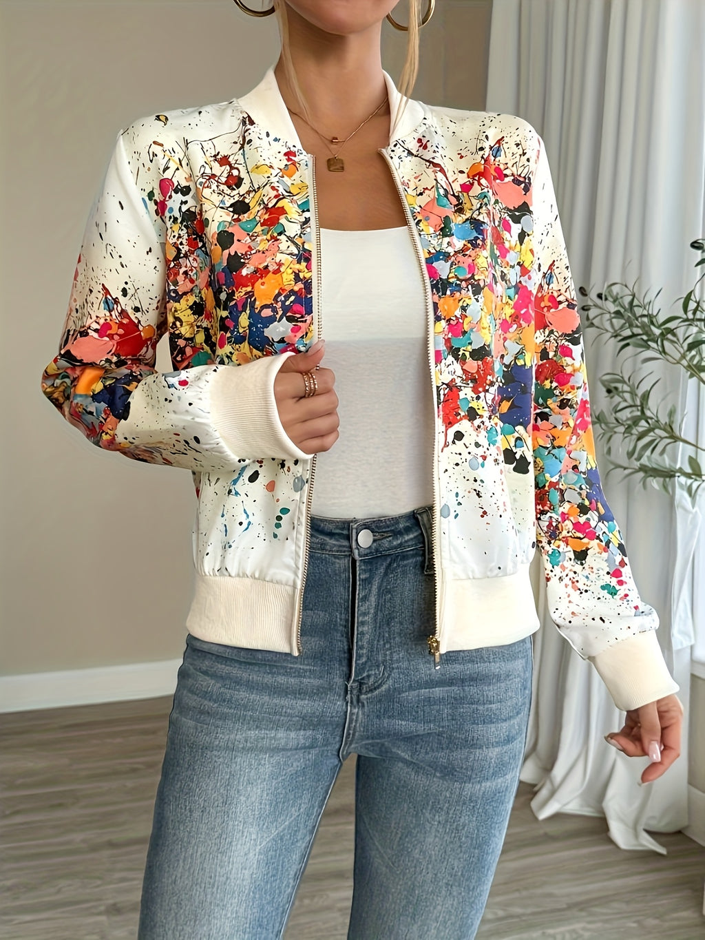Women'S Lightweight Casual Jacket - Vibrant Tie-Dye Print, Stand Collar, Zip-Up, Long Sleeve, Perfect for Spring/Fall, Spring Jacket | Vibrant Print Jacket | Zippered Jacket