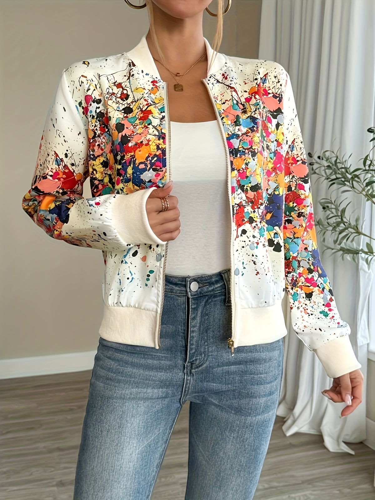 Women'S Lightweight Casual Jacket - Vibrant Tie-Dye Print, Stand Collar, Zip-Up, Long Sleeve, Perfect for Spring/Fall, Spring Jacket | Vibrant Print Jacket | Zippered Jacket