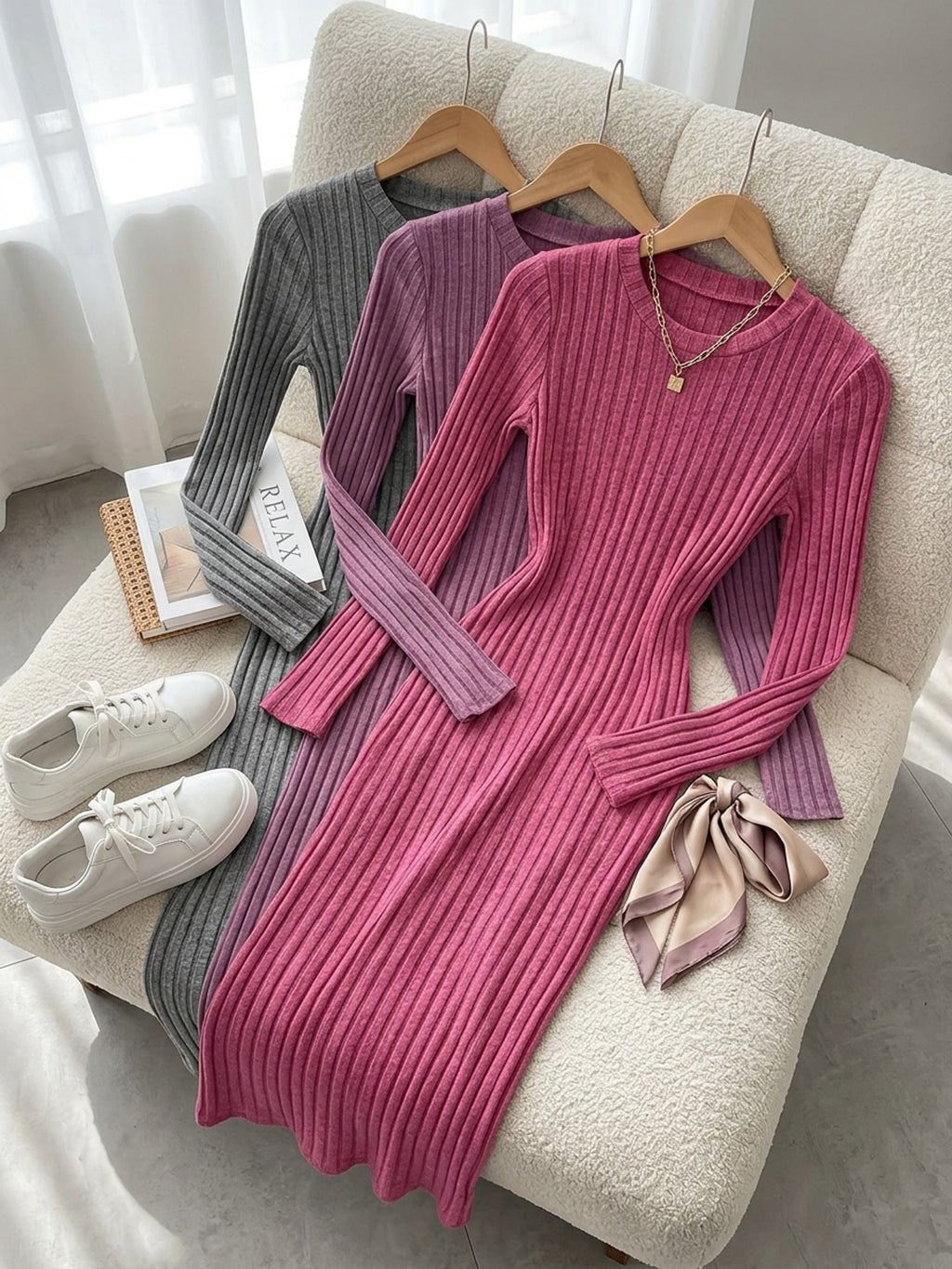 3pcs Solid Color Long Sleeve Ribbed Pullover Dress for Women