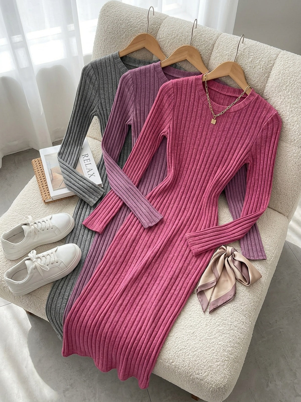 3pcs Solid Color Long Sleeve Ribbed Pullover Dress for Women