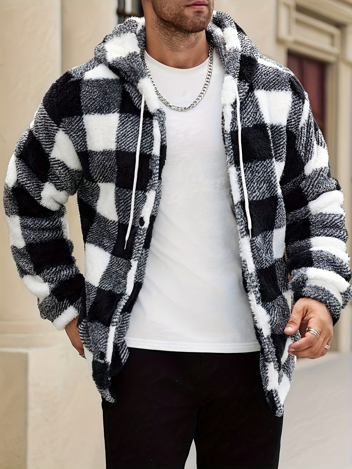 Men's Plaid Print Thermal Lined Hooded Long-Sleeve Casual Short Top, Autumn/Winter Flannel Short Top for Outings, a Gift for Friends, Husbands, or Boyfriends