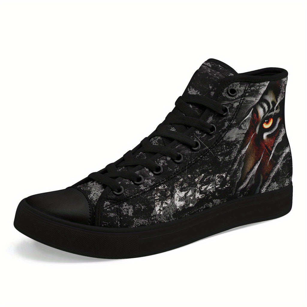 Men's Gothic Punk Sneakers - High-Top Shoes with Lace-Up Closure, Non-Slip Rubber Sole - All-Season Streetwear Footwear for Concerts, Parties, Everyday Edgy Fashion - Gothic Tiger-like Graphic Trainers, Casual Streetwear, Durable Traction Sole