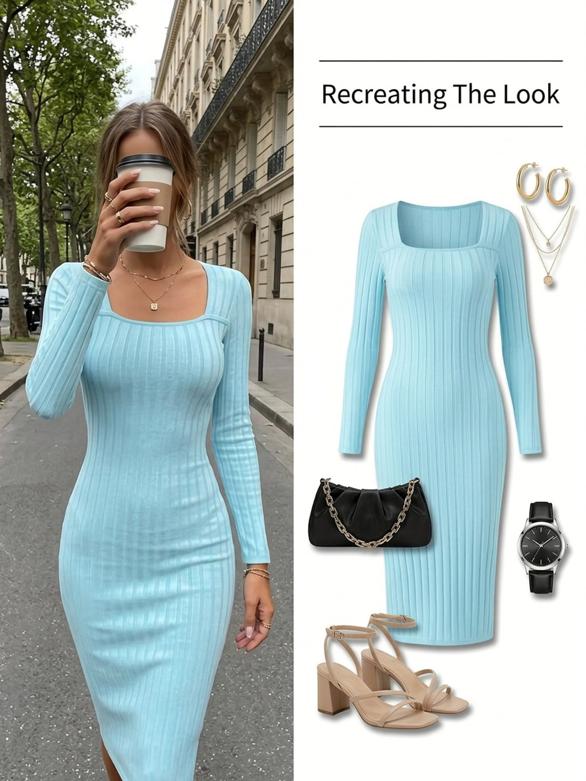 Ribbed Slim-fit Long Dress, Ribbed Long-sleeve Long Dress