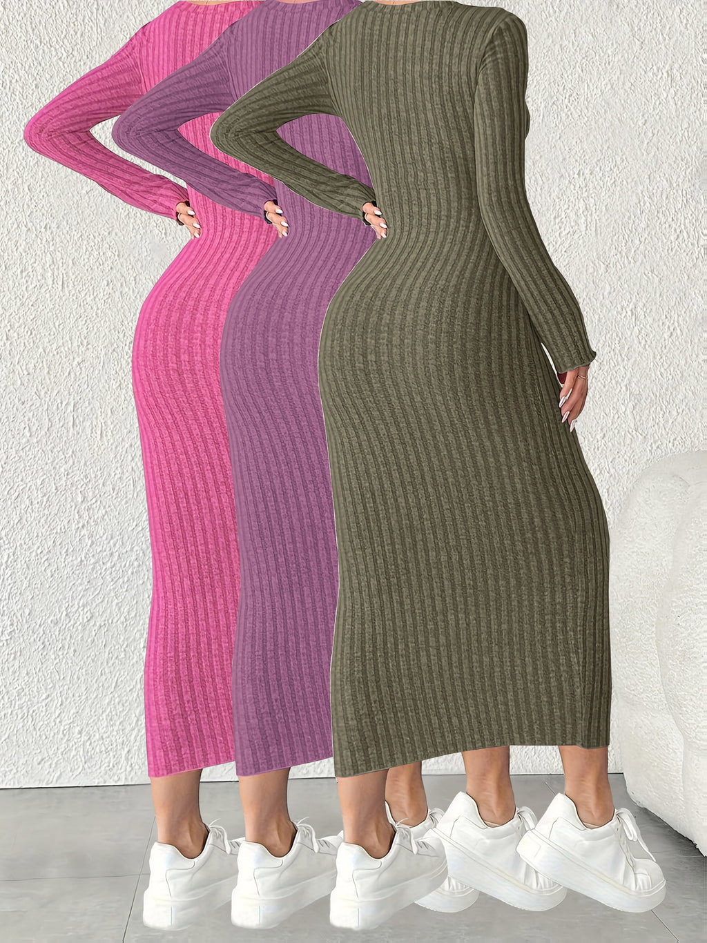 3pcs Solid Color Long Sleeve Ribbed Pullover Dress for Women