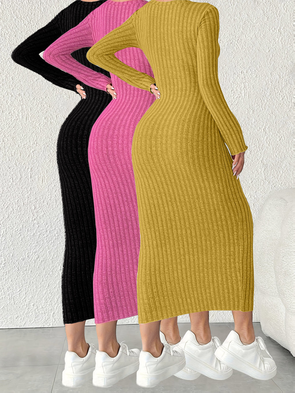 3pcs Solid Color Long Sleeve Ribbed Pullover Dress for Women