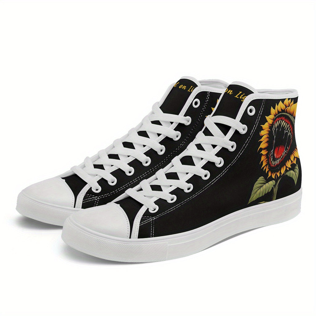 Men's PLUS SIZE Funny Sunflower High-Top Sneakers, Gothic Skull Print Punk Shoes, Casual Lace-Up Trainers for Streetwear and Daily Wear