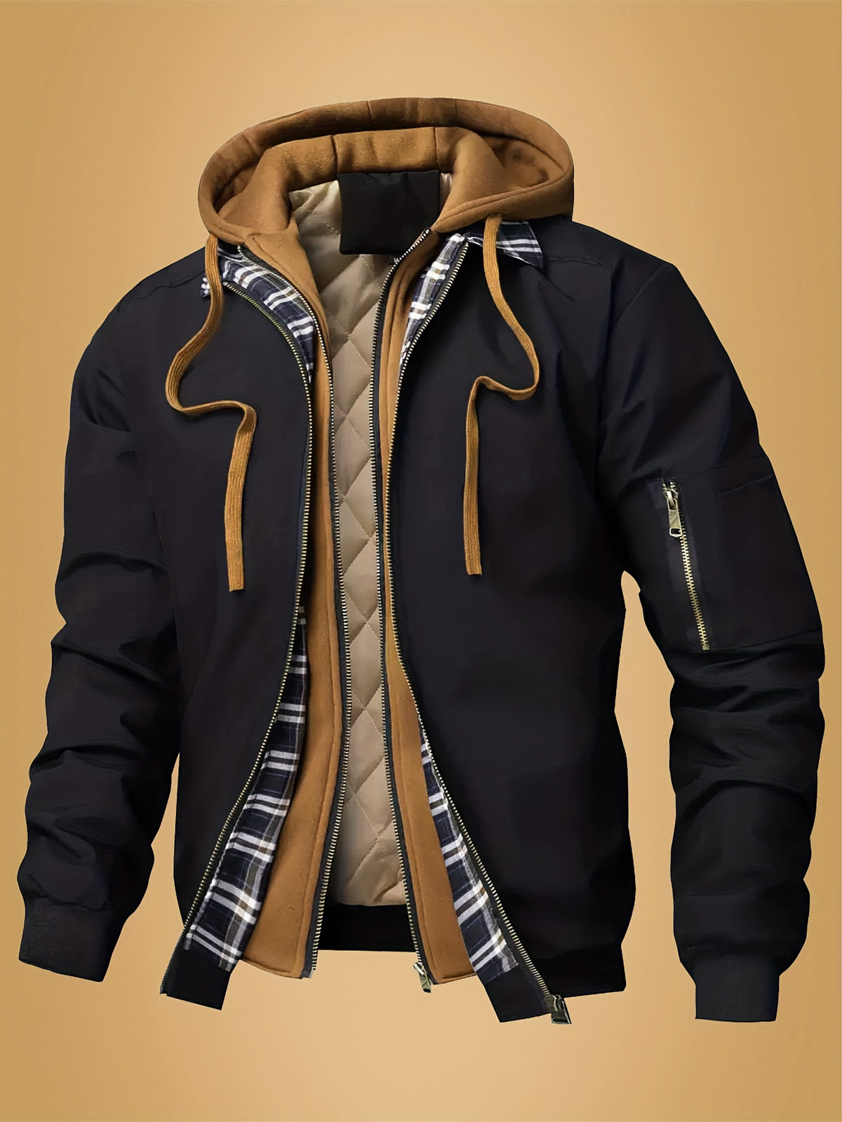 Men's plaid hooded zipper jacket - casual loose fit, brown and black plaid pattern, drawstring hat, long sleeves, polyester lining, perfect for spring, autumn and winter | autumn and winter jacket | plaid pattern jacket | zipper jacket, Outdoor