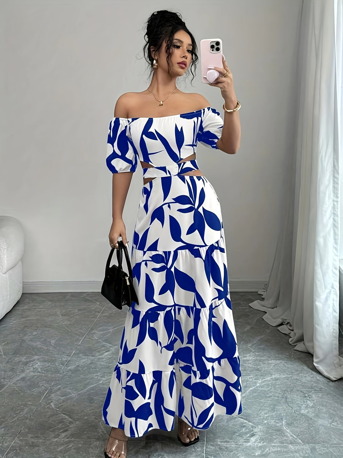 Women'S Off-Shoulder Floral Print Maxi Dress with Belt - Elegant Asymmetrical Hem, Sleeveless Vacation Dress in Black & White Floral Pattern, Lightweight Polyester for Summer Getaways, Cute Summer Dresses