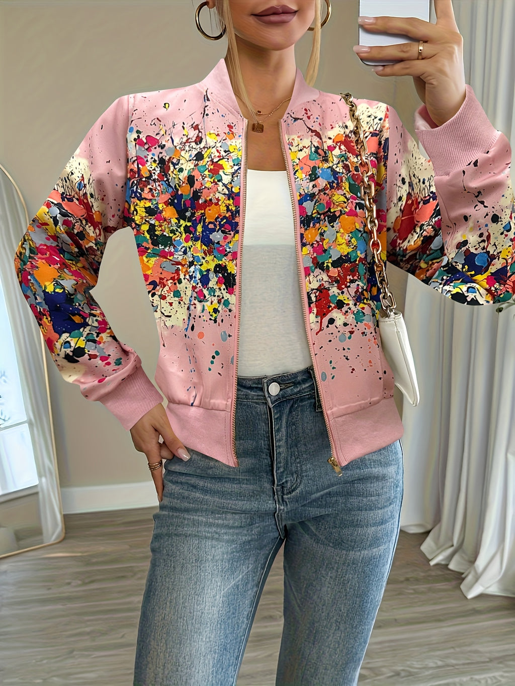 Women'S Lightweight Casual Jacket - Vibrant Tie-Dye Print, Stand Collar, Zip-Up, Long Sleeve, Perfect for Spring/Fall, Spring Jacket | Vibrant Print Jacket | Zippered Jacket