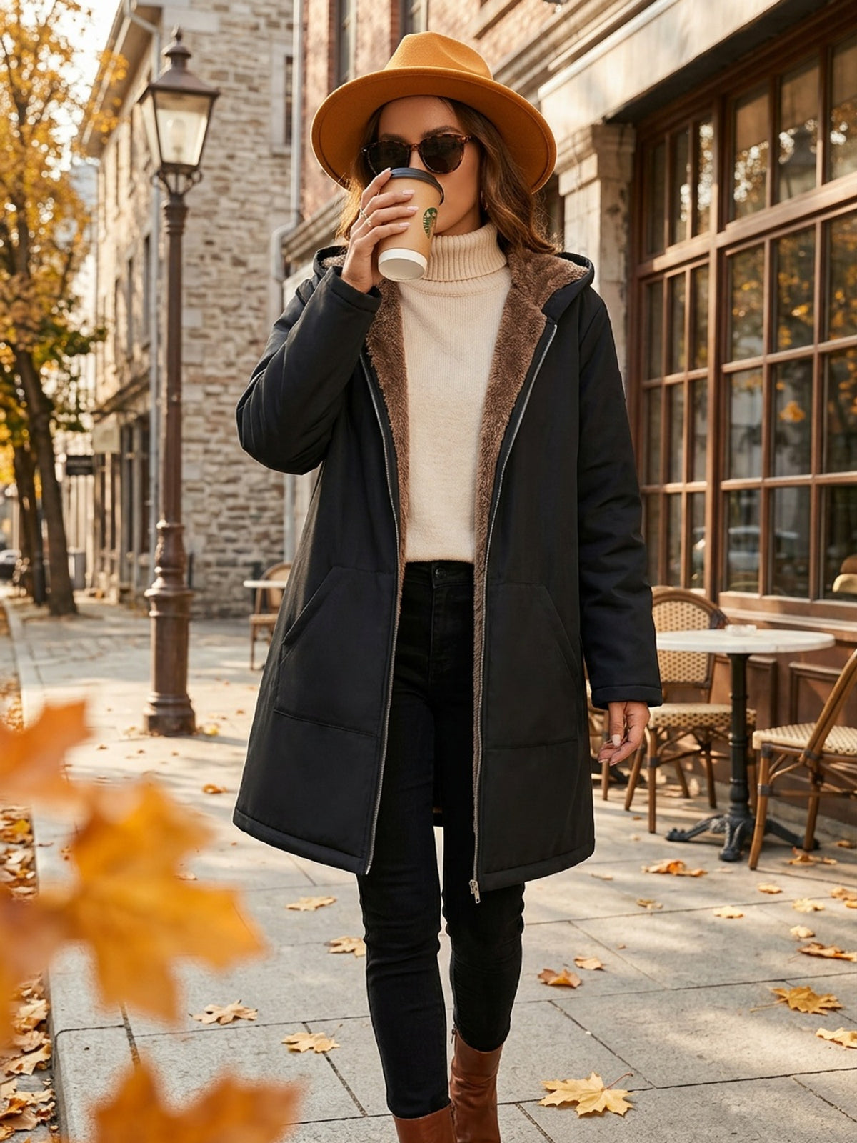 Solid Color Thermal Lined Hooded Jacket for Autumn/Winter Warmth and Casual Wear