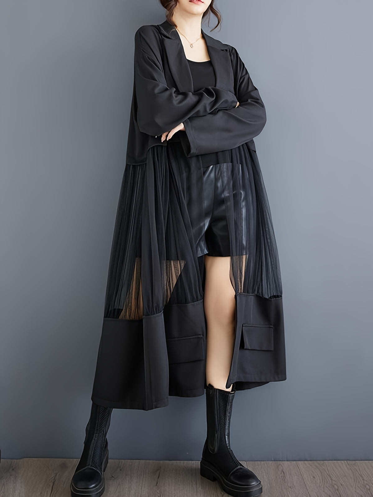 Medium-Long Stylish Spliced Suit Mesh Hollow Long-Sleeved Slim-Fit Jacket Retro Solid Color Outerwear Spliced Trench Coat