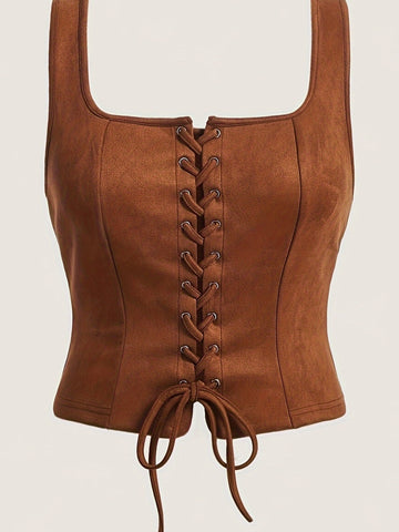 Vintage Elegant Lace-Up Drawstring Top Vest
