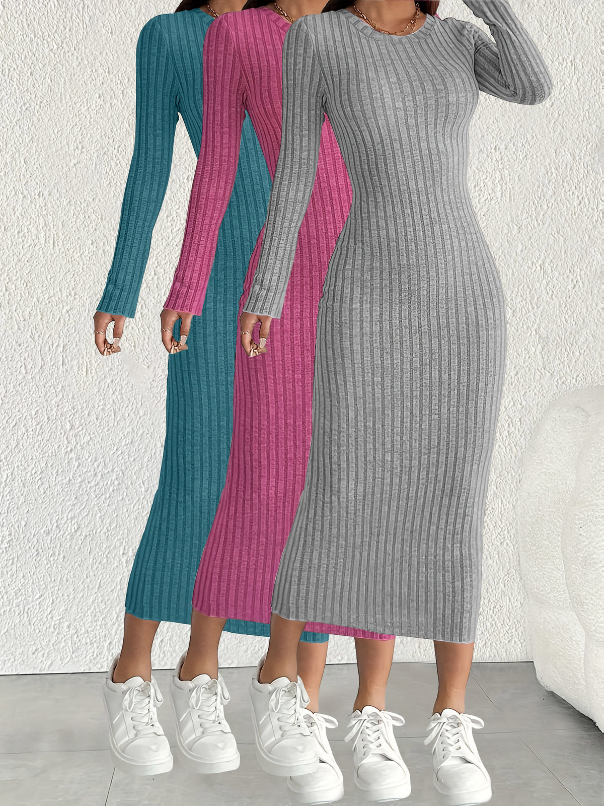 3pcs Solid Color Long Sleeve Ribbed Pullover Dress for Women