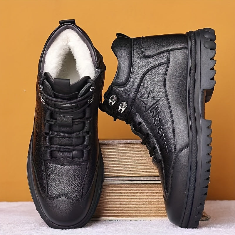 Men's Genuine Leather Casual Fashion Snow Boots, High-Top Lined Warm Snow Boots for Middle-Aged and Elderly Fathers, Model 6388