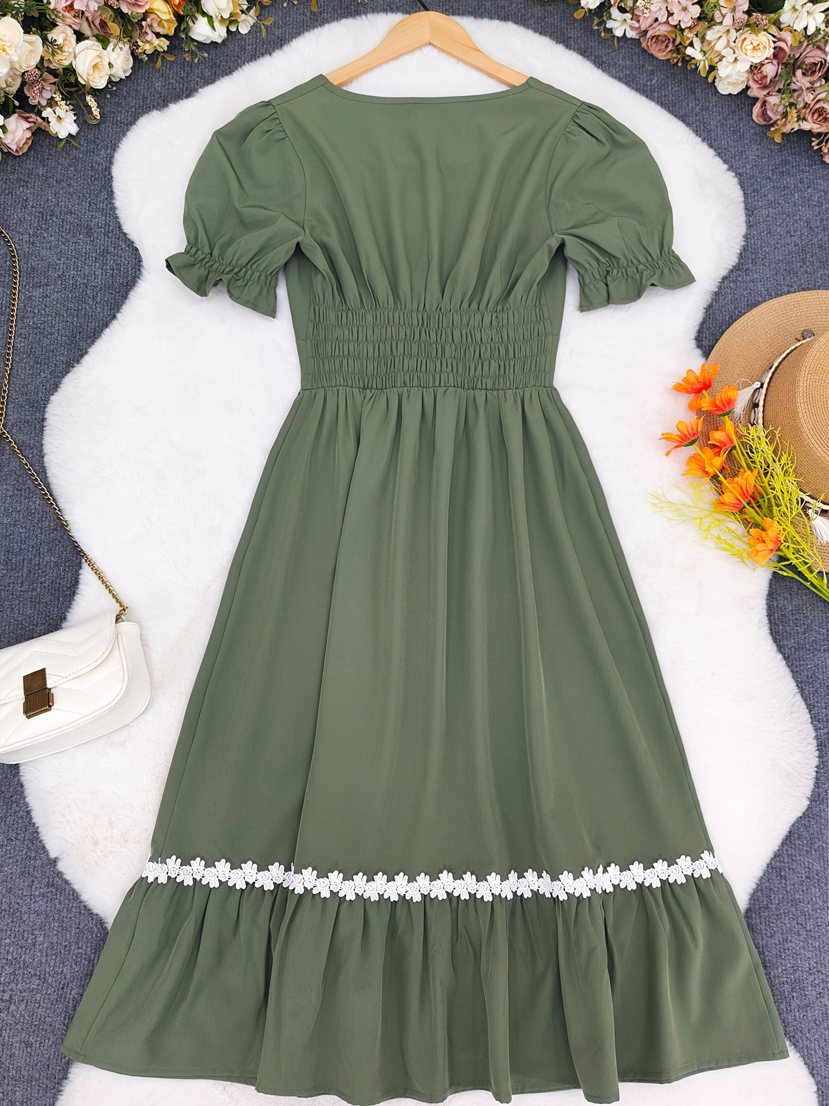 Women's Ombre Color Casual Elegant Vacation Wrap-Front Waist-Cinching A-Line Lace Trim Dress
