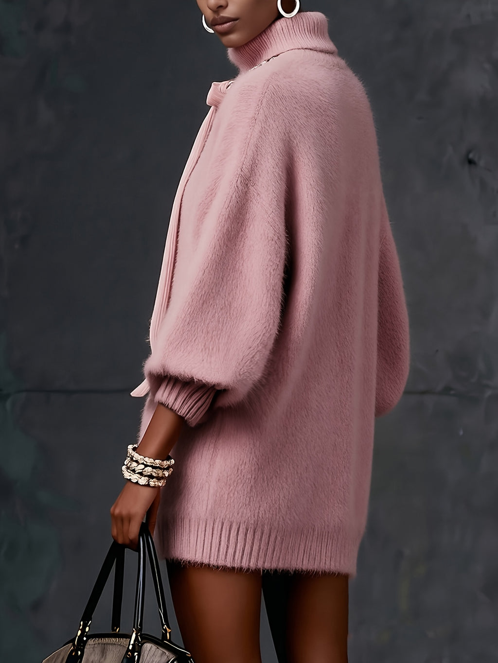 Women's Fashion Cashmere Sweater with Large Bow Detail, Spliced Wide Sleeve Dress, Elegant Pullover, Casual Party Commute Pretty Comfortable Long Top, Pink Sexy Women's Mini Skirt