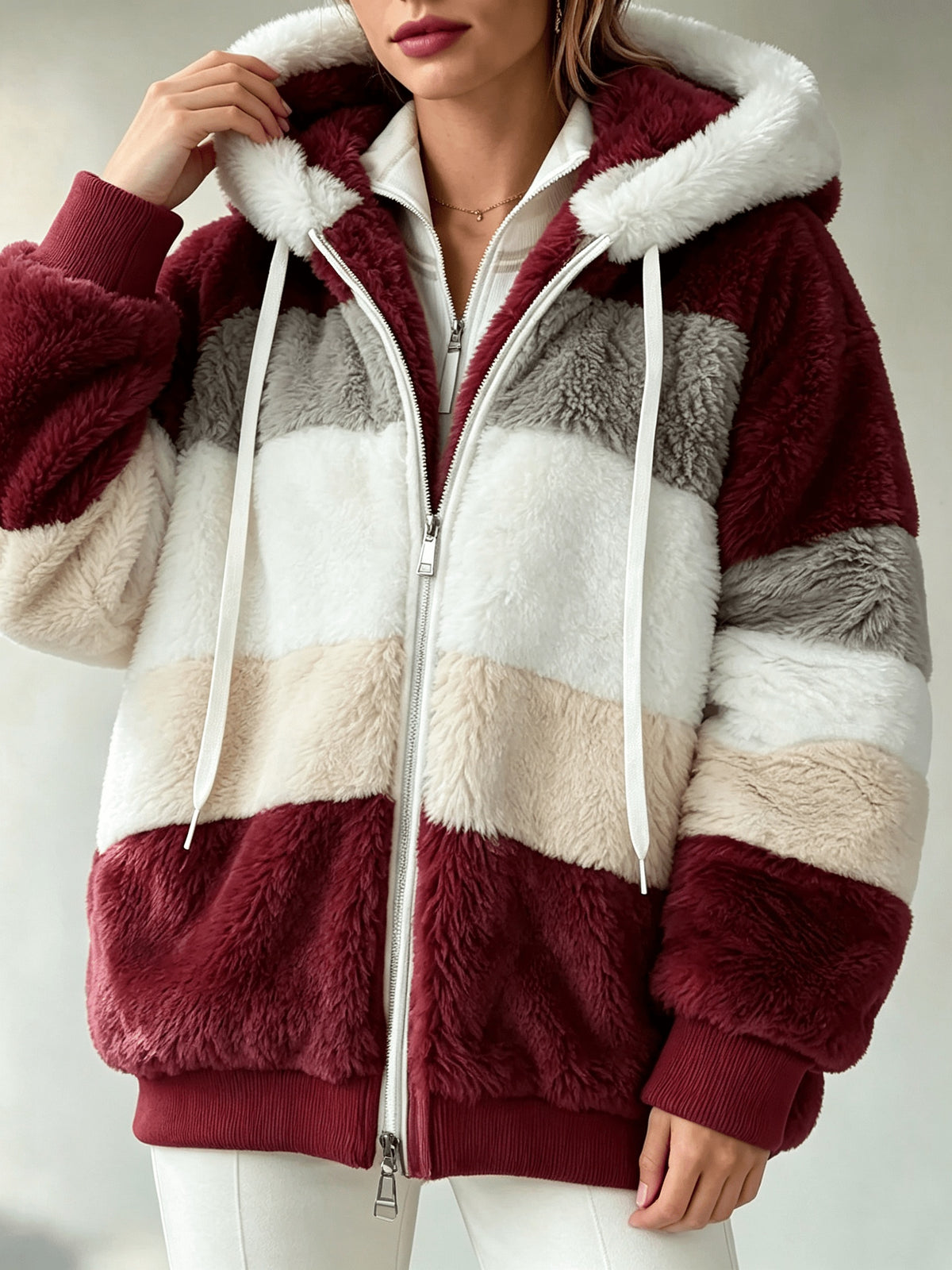 Women's Coats, Women's Color-block Striped Hooded Zip Teddy Coat, Loose Outerwear Made Of Fluffy Faux with Multi-tone Splicing, Drawstring Hood with Pockets, Warm Plush Coat for Winter