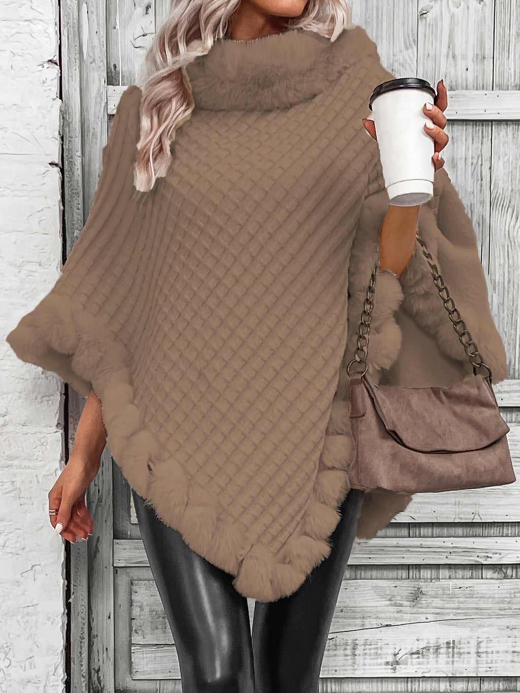 Women'S Elegant Faux Fur Collar Cape Coat - Soft Winter Coat with Plush Fur Trim, All-Season Chic Outerwear for Everyday & Formal Events