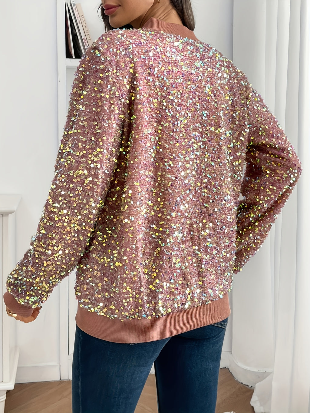 Elegant Sequin-Adorned Jacket for Women - Chic Zip-Up Bomber Style with Baseball Collar, Long Sleeves, and Colorful Dot Pattern - Perfect for Spring/Fall, Non-Stretch Polyester Fabric