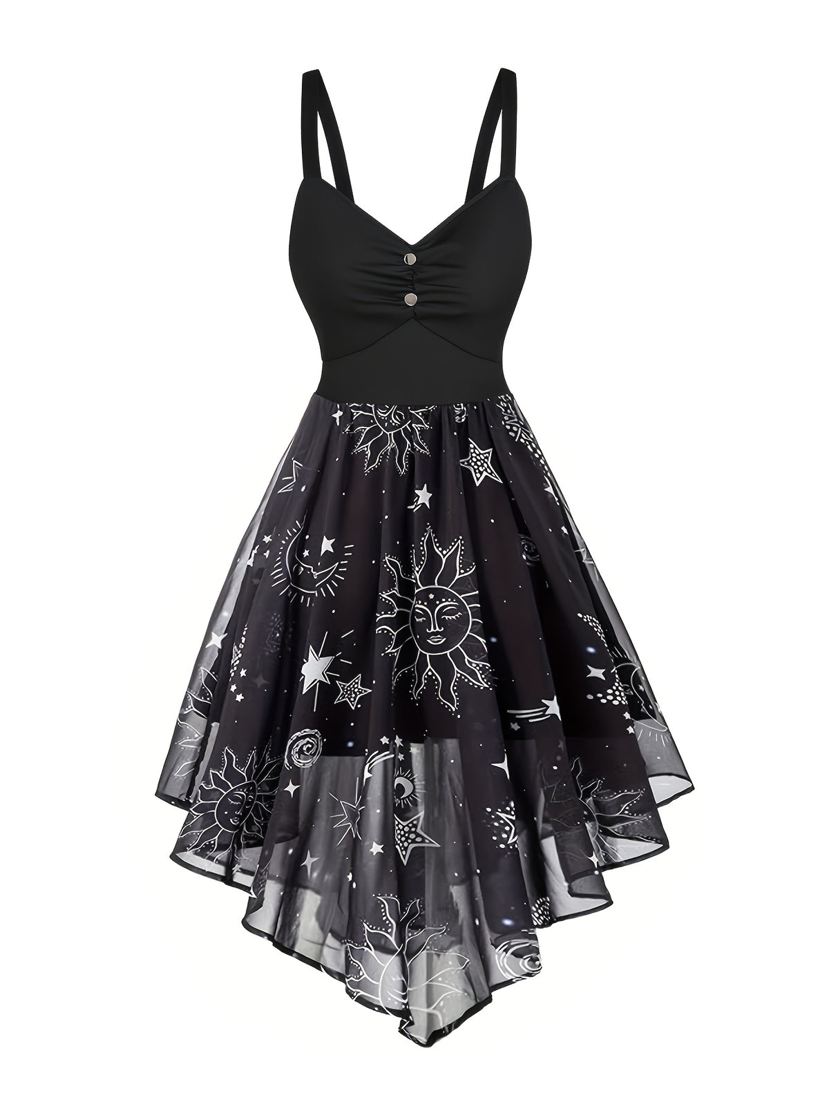 Women's Elegant Vintage Strap Day Moon Star Print Yarn Skirt Patchwork A-Line Dress