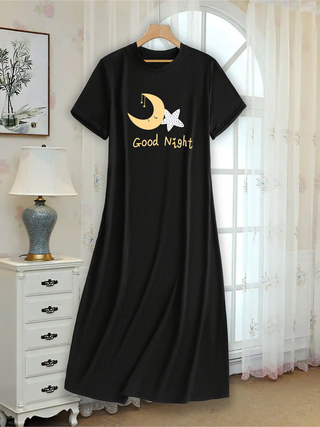 Women'S Good Night Moon and Star Print Casual Dress, Round Neck, Short Sleeve, Loose Fit, Breathable, All-Season Nightwear, Suitable for Bedroom and Home Wear- Overseas Printing