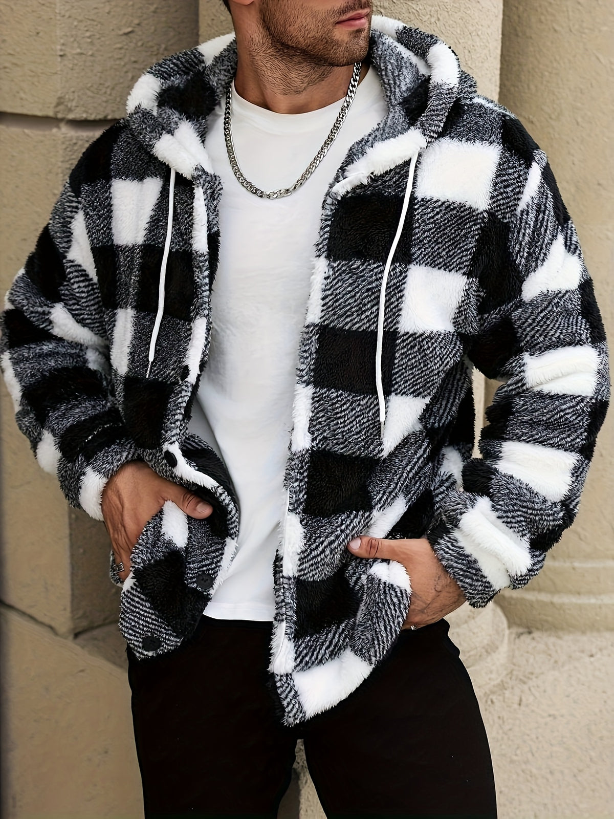 Men's Plaid Print Thermal Lined Hooded Long-Sleeve Casual Short Top, Autumn/Winter Flannel Short Top for Outings, a Gift for Friends, Husbands, or Boyfriends