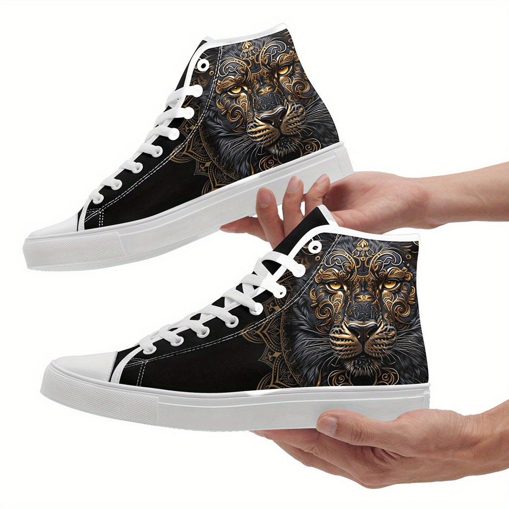 Men'S High Top Sneakers with Golden Lion Mandala Design, Street Style Shoes for Casual Wear, Walking And Urban Fashion, Comfortable Stylish Durable Couple Shoes, Perfect Gift for Fashion Lovers