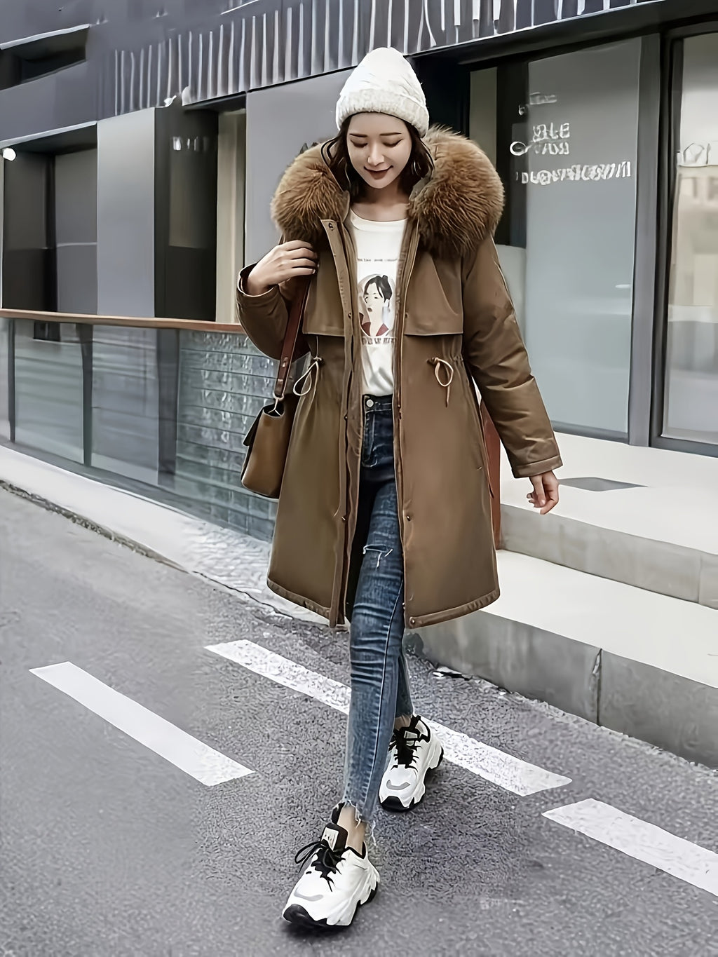 Winter New Mid-Length Fleece-Lined Vest Coat Trendy Women'S Coat Removable Collar