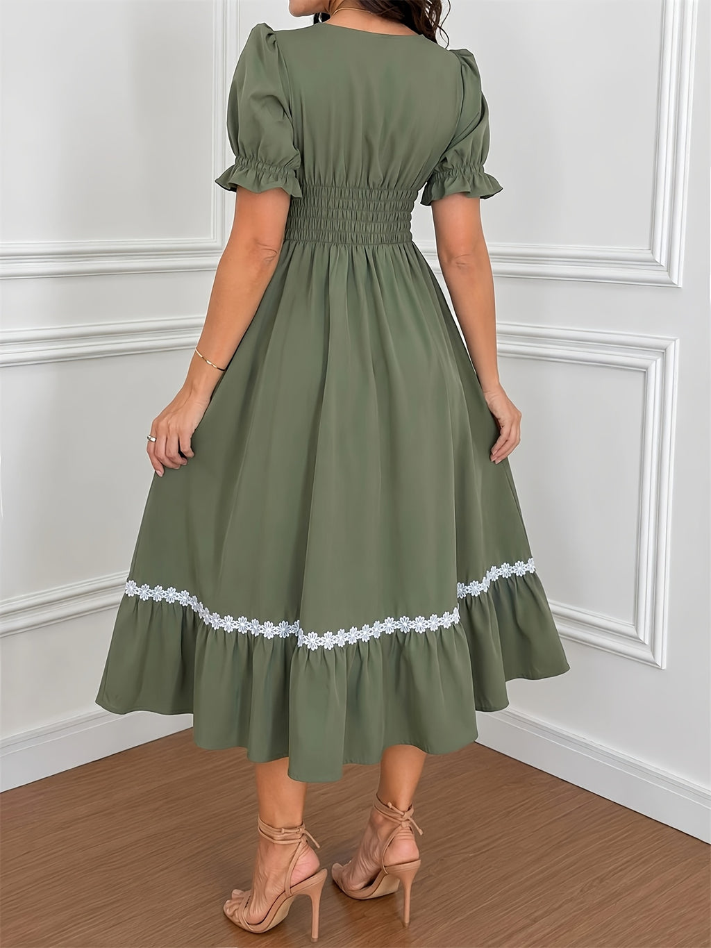 Women's Ombre Color Casual Elegant Vacation Wrap-Front Waist-Cinching A-Line Lace Trim Dress