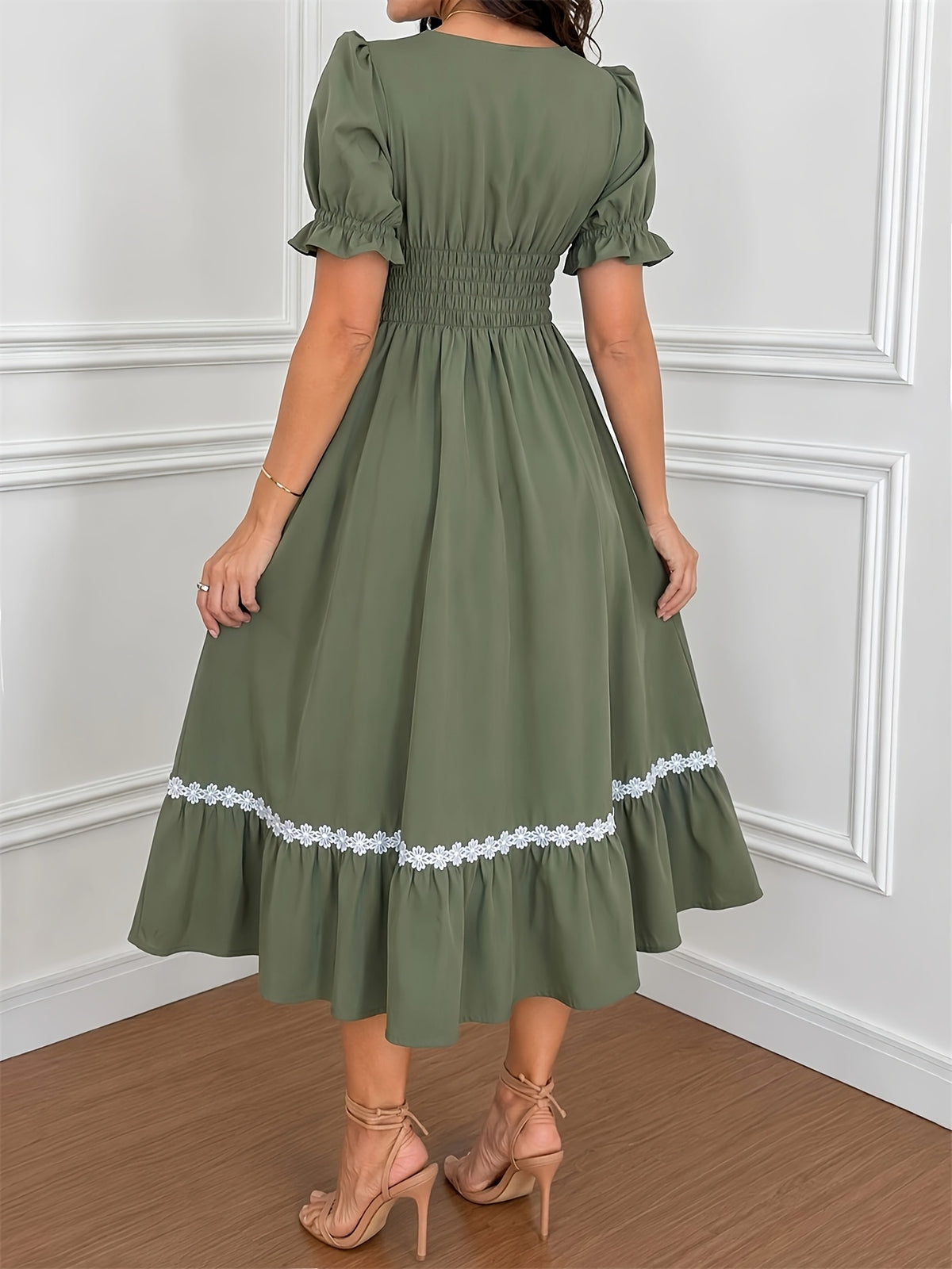 Women's Ombre Color Casual Elegant Vacation Wrap-Front Waist-Cinching A-Line Lace Trim Dress