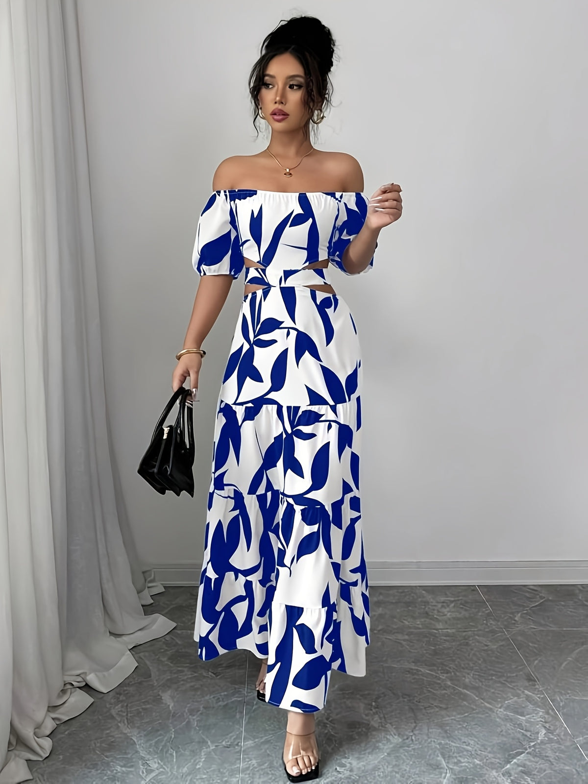 Women'S Off-Shoulder Floral Print Maxi Dress with Belt - Elegant Asymmetrical Hem, Sleeveless Vacation Dress in Black & White Floral Pattern, Lightweight Polyester for Summer Getaways, Cute Summer Dresses