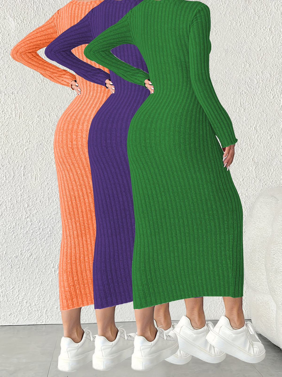 3pcs Solid Color Long Sleeve Ribbed Pullover Dress for Women